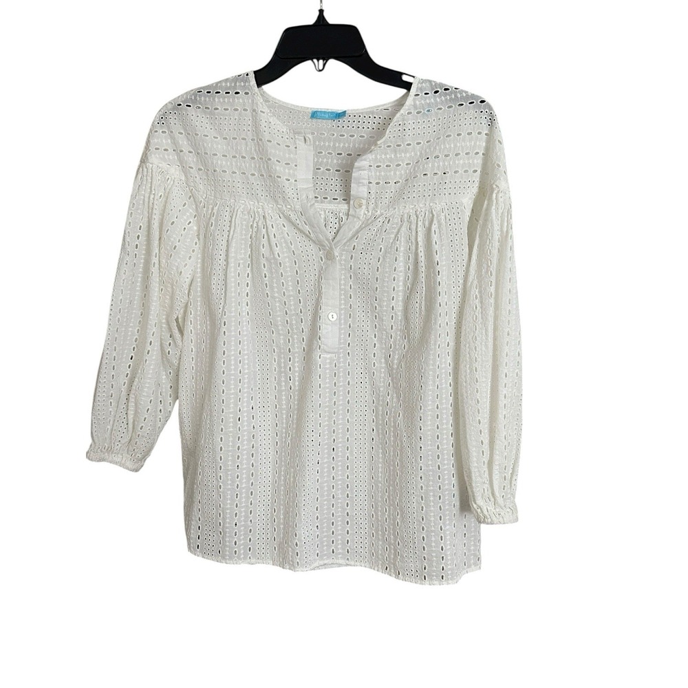 J.McLaughlin Women's XS White Eyelet Cotton Button Down Long Sleeve Blouse #W6-6